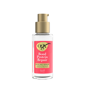 OGX Serum Sellador de Reparación de Enlaces con Proteína, botella visible, mejora la reparación y fortalecimiento.