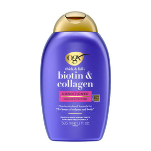 OGX Thick & Full Biotina y Colágeno, frente del bote, aporta volumen notable y cuerpo al cabello.