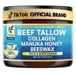 Okaga bálsamo de sebo orgánico en envase 5oz, hidratación suave para la piel.