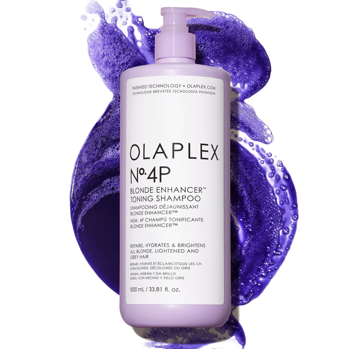 Olaplex 4P champú violeta, botella, neutraliza reflejos amarillos para cabello rubio brillante.