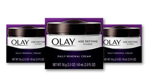 Olay Age Defying Classic crema facial en tarro, textura suave para hidratación diaria.