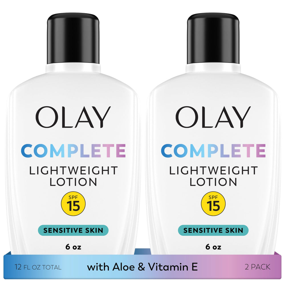 Olay Complete loción SPF15 en envase, hidratación diaria para piel sensible.