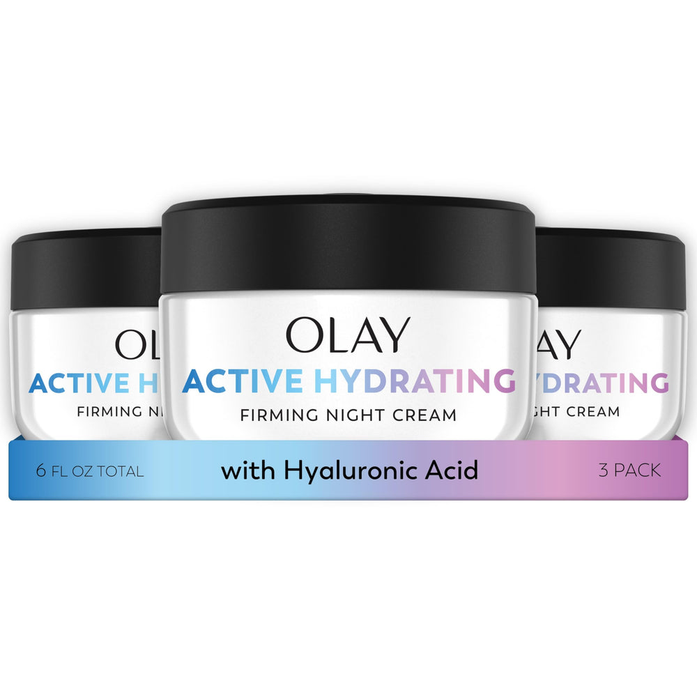 Olay crema de noche firme en frasco, hidratación profunda durante la noche.
