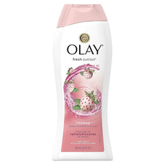 Olay Fresh Outlast, botella de fresa blanca y menta para duchas refrescantes.