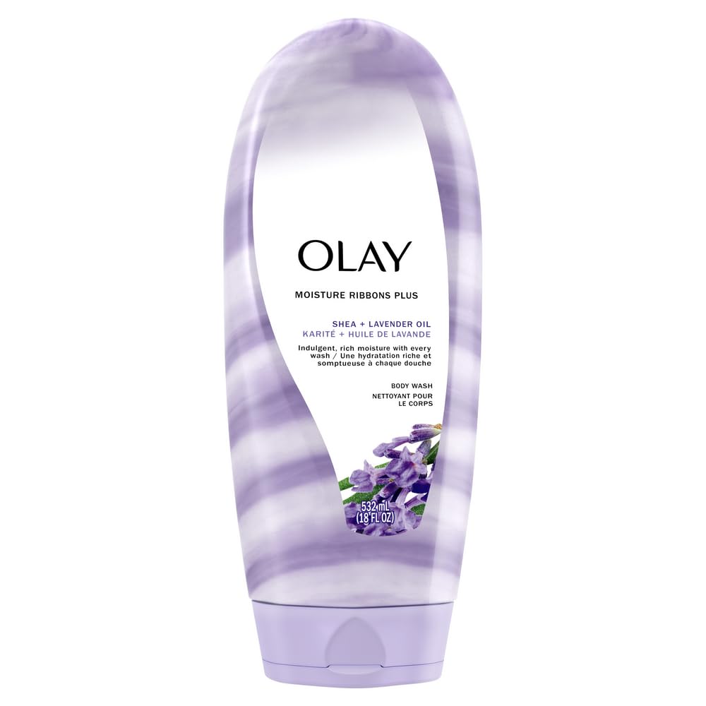 Olay jabon cuerpo, botella con espuma cremosa de lavanda para piel suave.