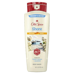 Old Spice botella en estante con jabón corporal para uso diario y frescura.