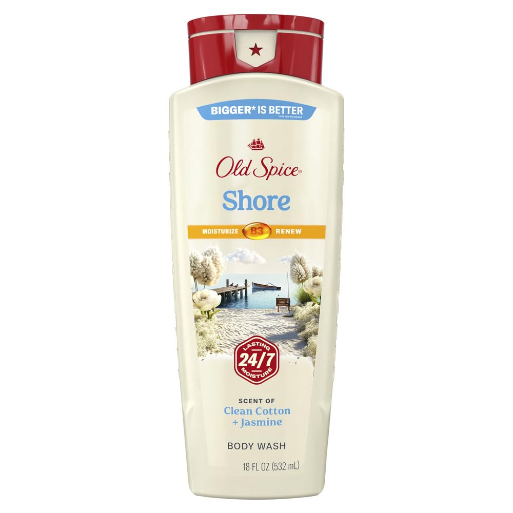 Old Spice botella en estante con jabón corporal para uso diario y frescura.