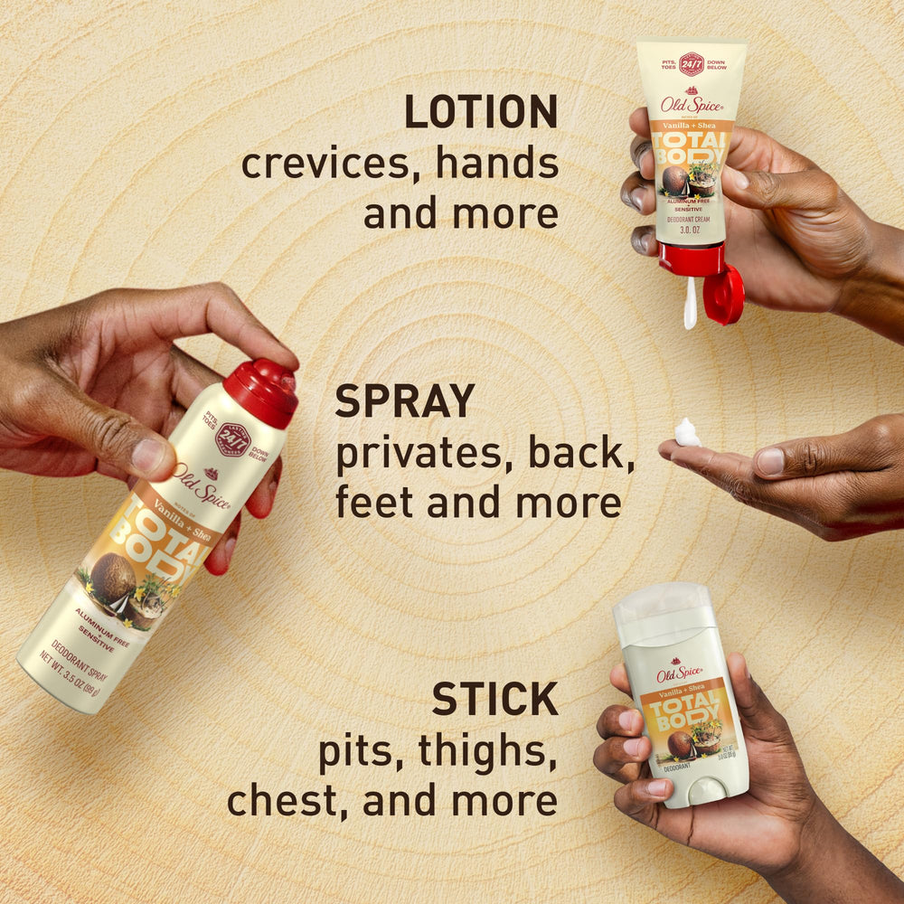 Old Spice desodorante total cuerpo deslizamiento suave, sensación cómoda.