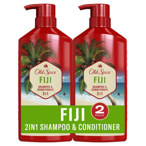 Old Spice Fiji 2-en-1, botella, aroma tropical que deja el cabello con aspecto más lleno.