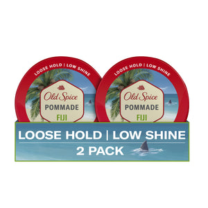 Empaque frontal de Old Spice Fiji Pomade, fácil de reconocer para la compra.