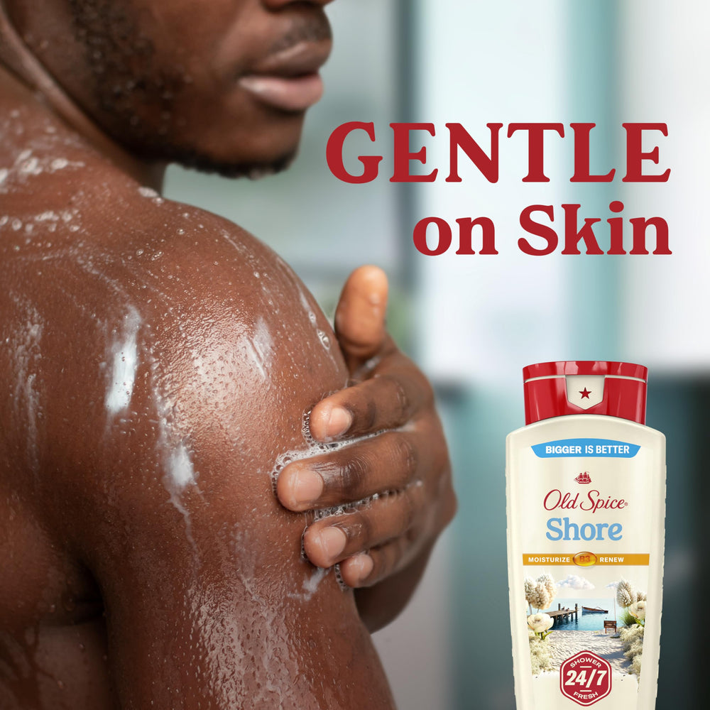 Old Spice piel suave después de la ducha con sensación limpia y renovada.