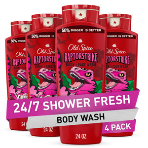 Old Spice Raptorstrike: empaque con cuatro botellas para la ducha diaria.