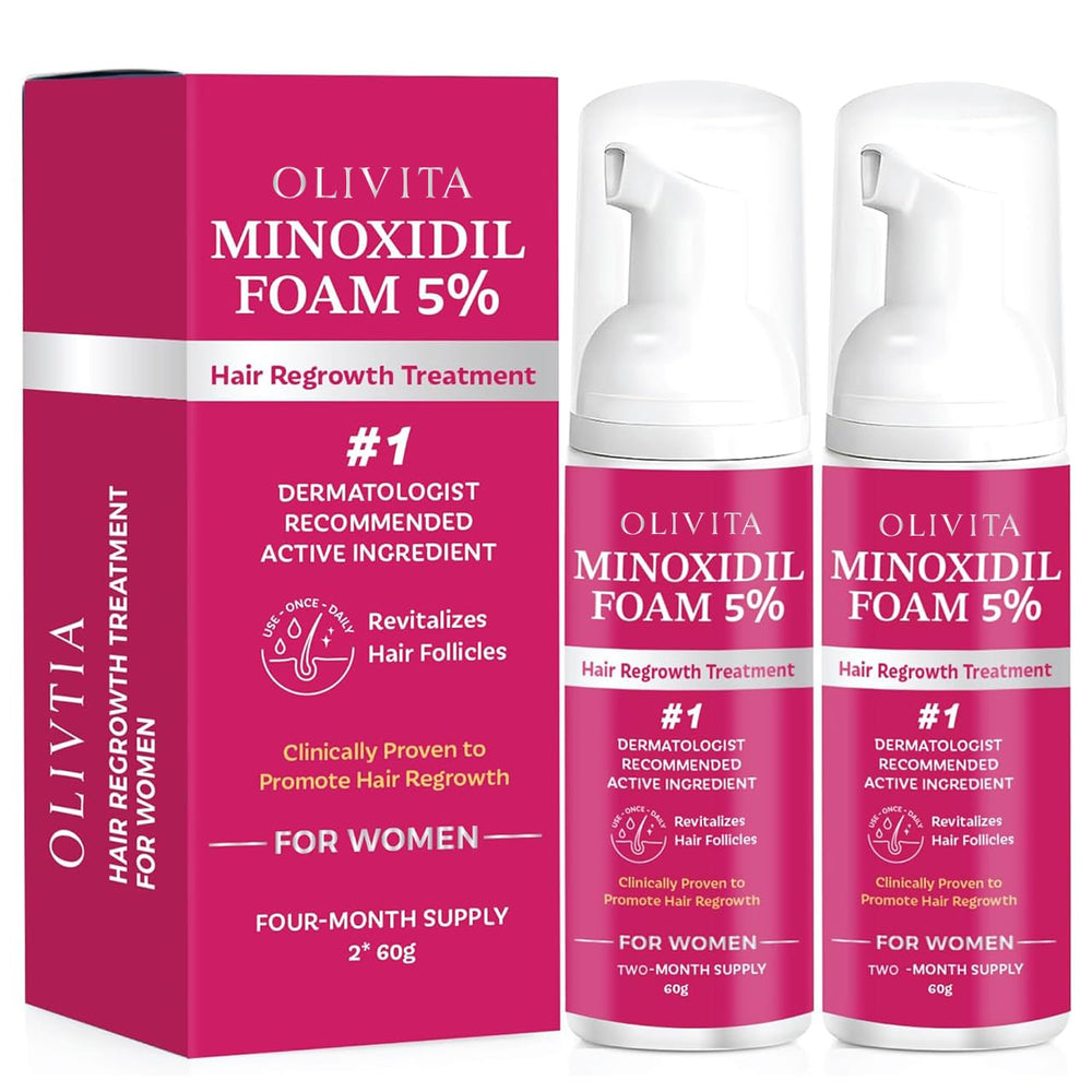 OLIVITA Minoxidil 5% espuma, frasco compacto para crecimiento capilar.