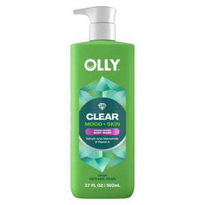 OLLY CLEAR Mood + Skin: bote de gel de ducha suave para piel fresca tras la ducha.