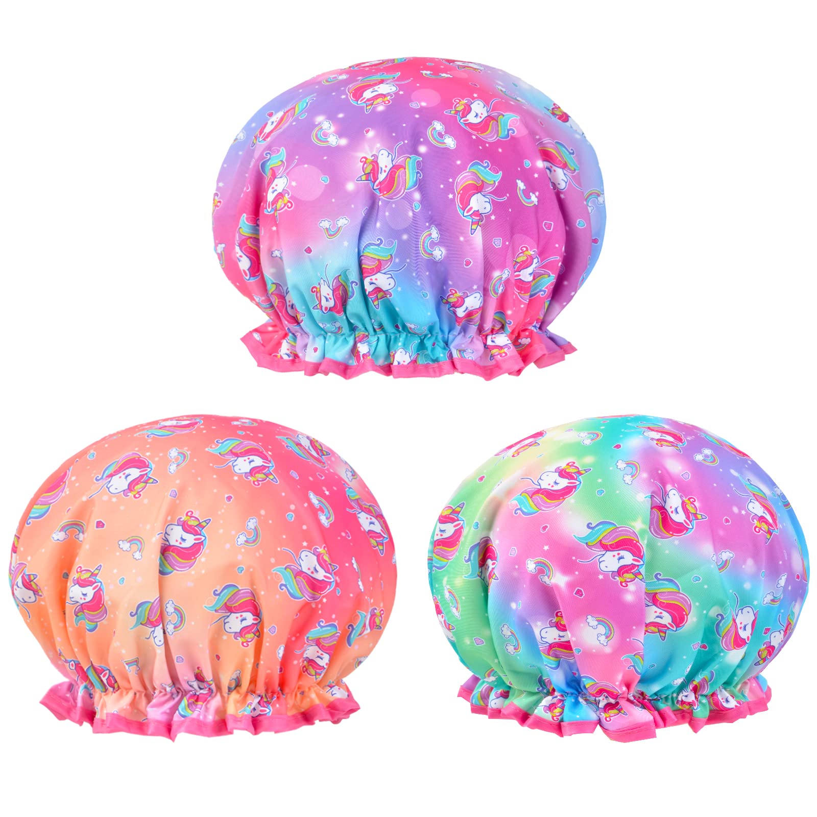 Gorro de ducha reutilizable Olypegic con estampas variadas.
