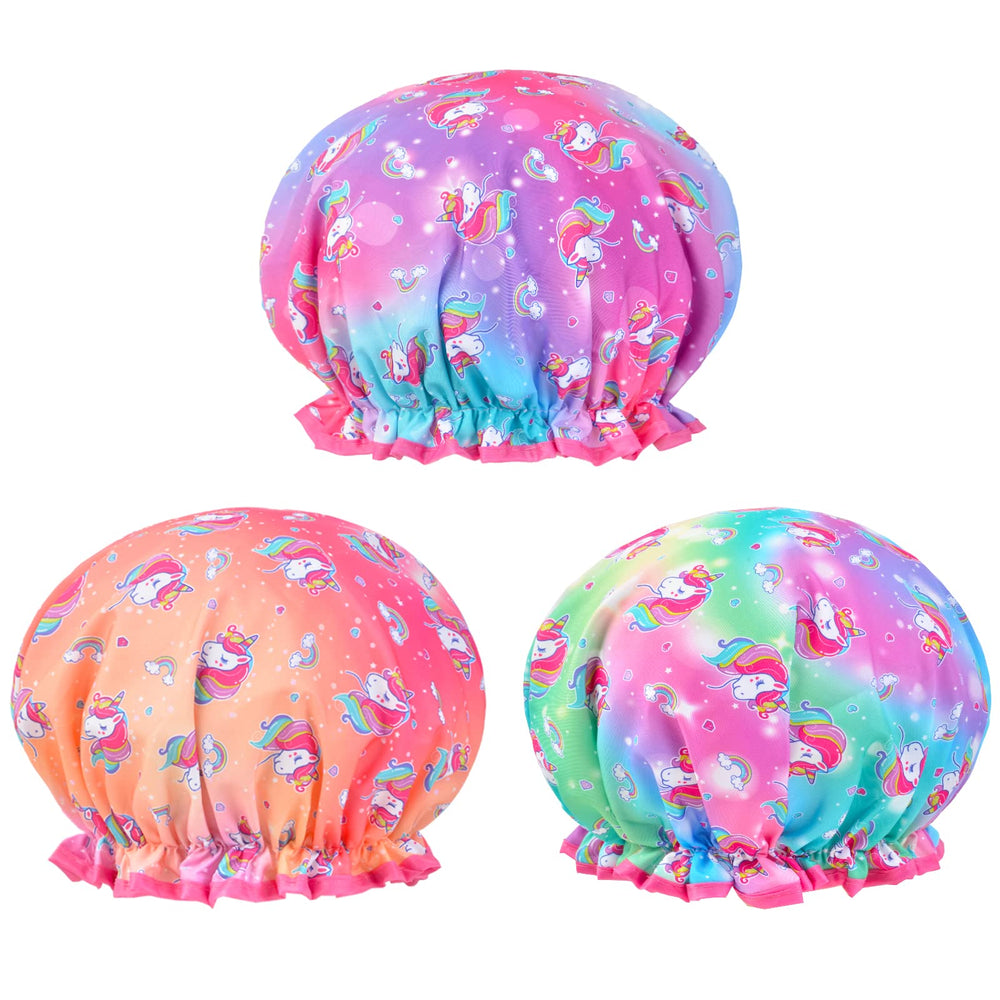 Gorro de ducha reutilizable Olypegic con estampas variadas.