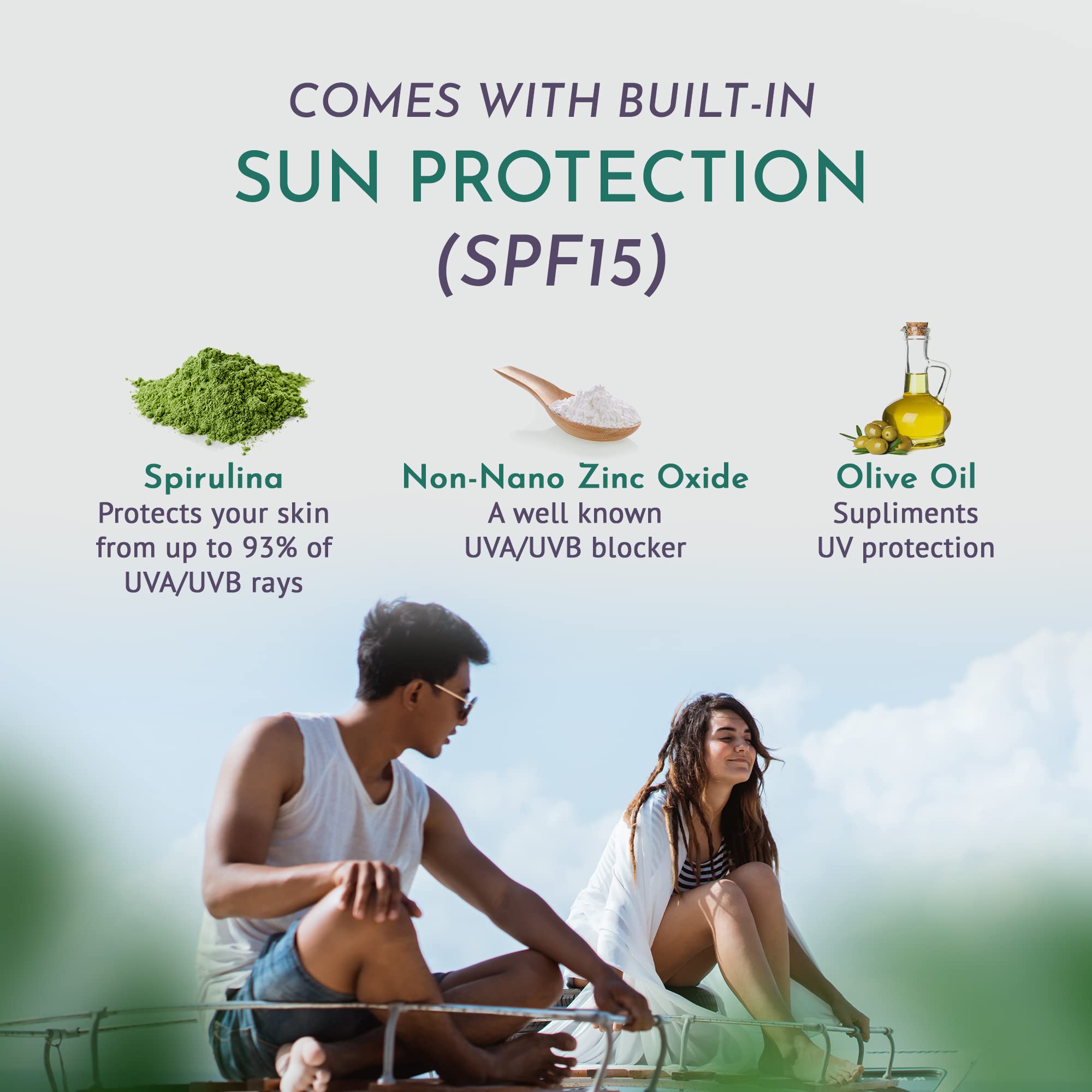 Protección UV con óxido de zinc no nano de OM Botanical para piel.