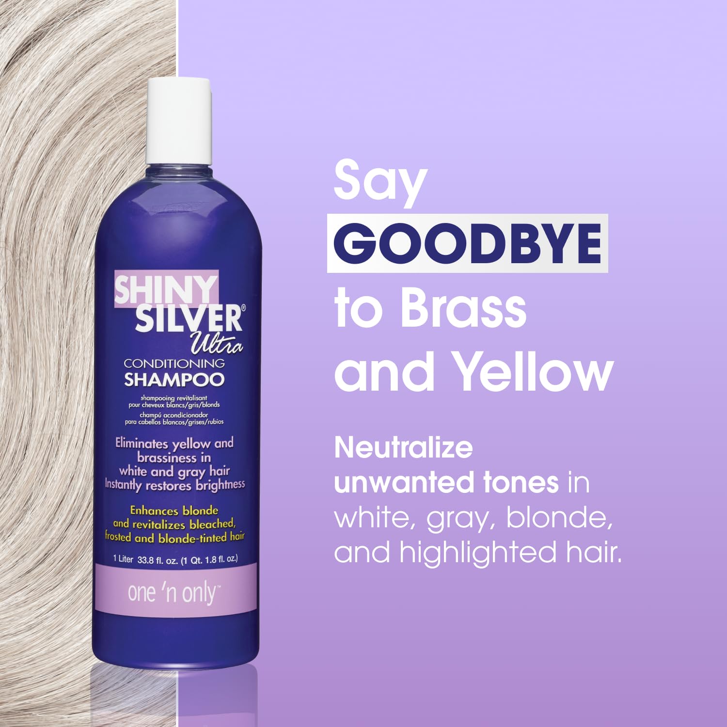 One 'N Only Shiny Silver Purple Shampoo aplicándose en cabello para neutralizar el amarillamiento.