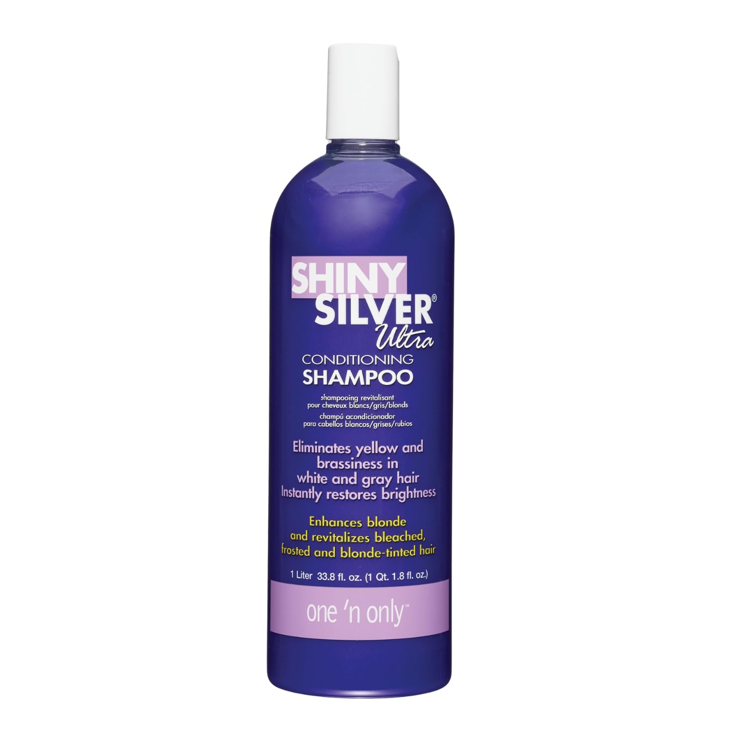 One 'N Only Shiny Silver Purple Shampoo en botella, ofrece hidratación y control del amarillo.