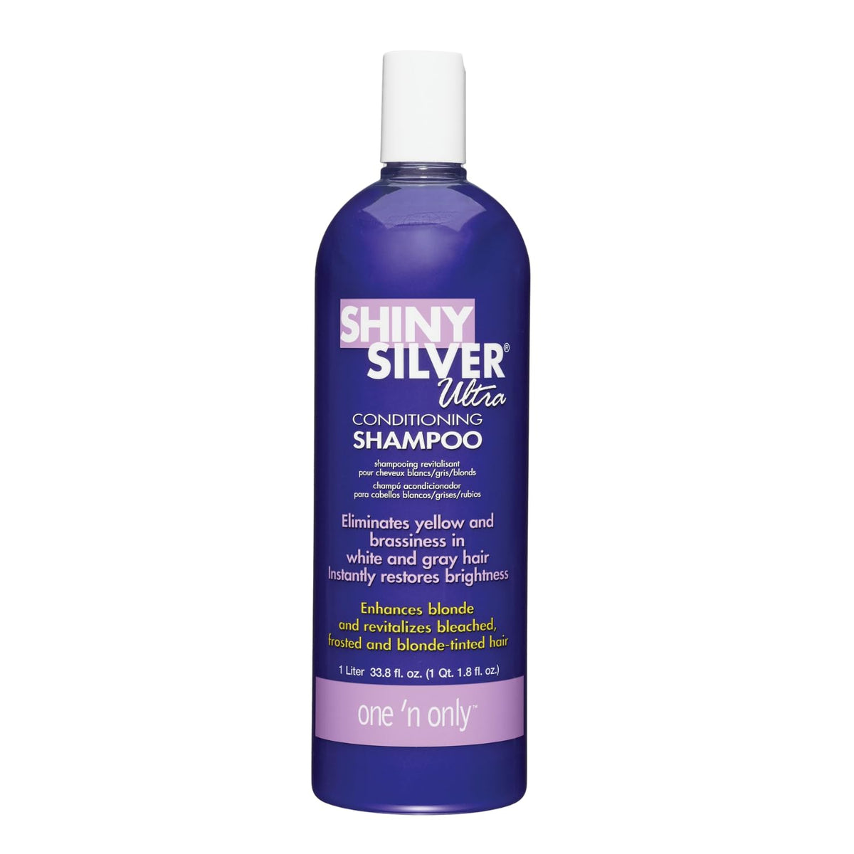 One 'N Only Shiny Silver Purple Shampoo en botella, ofrece hidratación y control del amarillo.