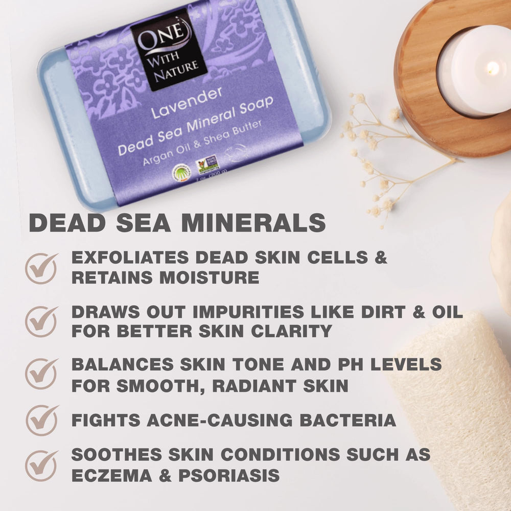 Jabón One With Nature lavanda con minerales del Mar Muerto para exfoliación suave.