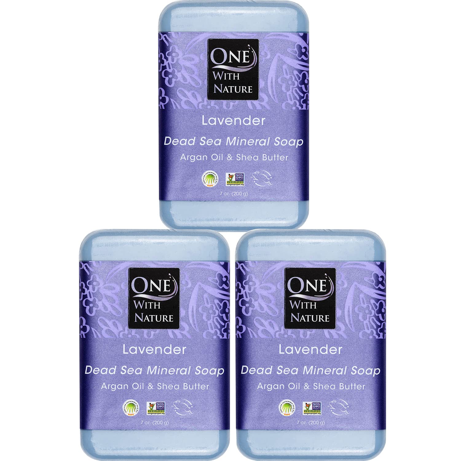 Jabón One With Nature lavanda con sal del mar, textura cremosa ideal para rostro y cuerpo.