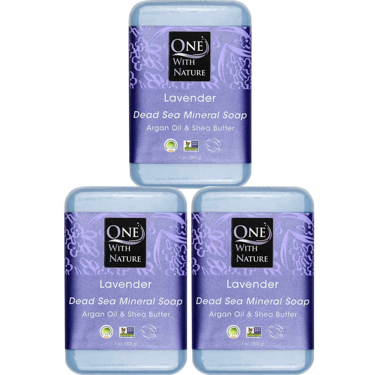 Jabón One With Nature lavanda con sal del mar, textura cremosa ideal para rostro y cuerpo.