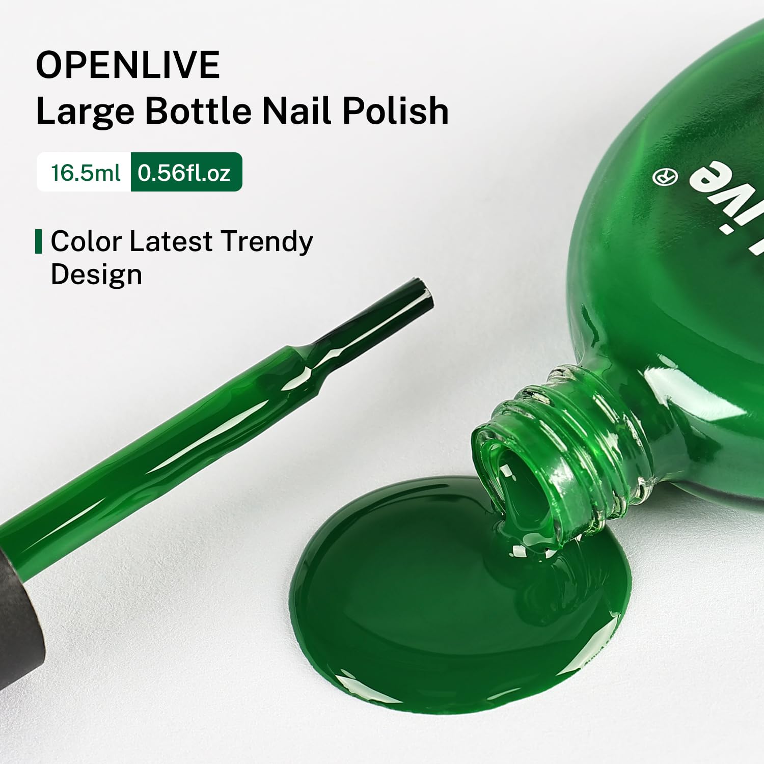 OpenLive Esmalte verde oscuro facilita retoque y manicura rápida.