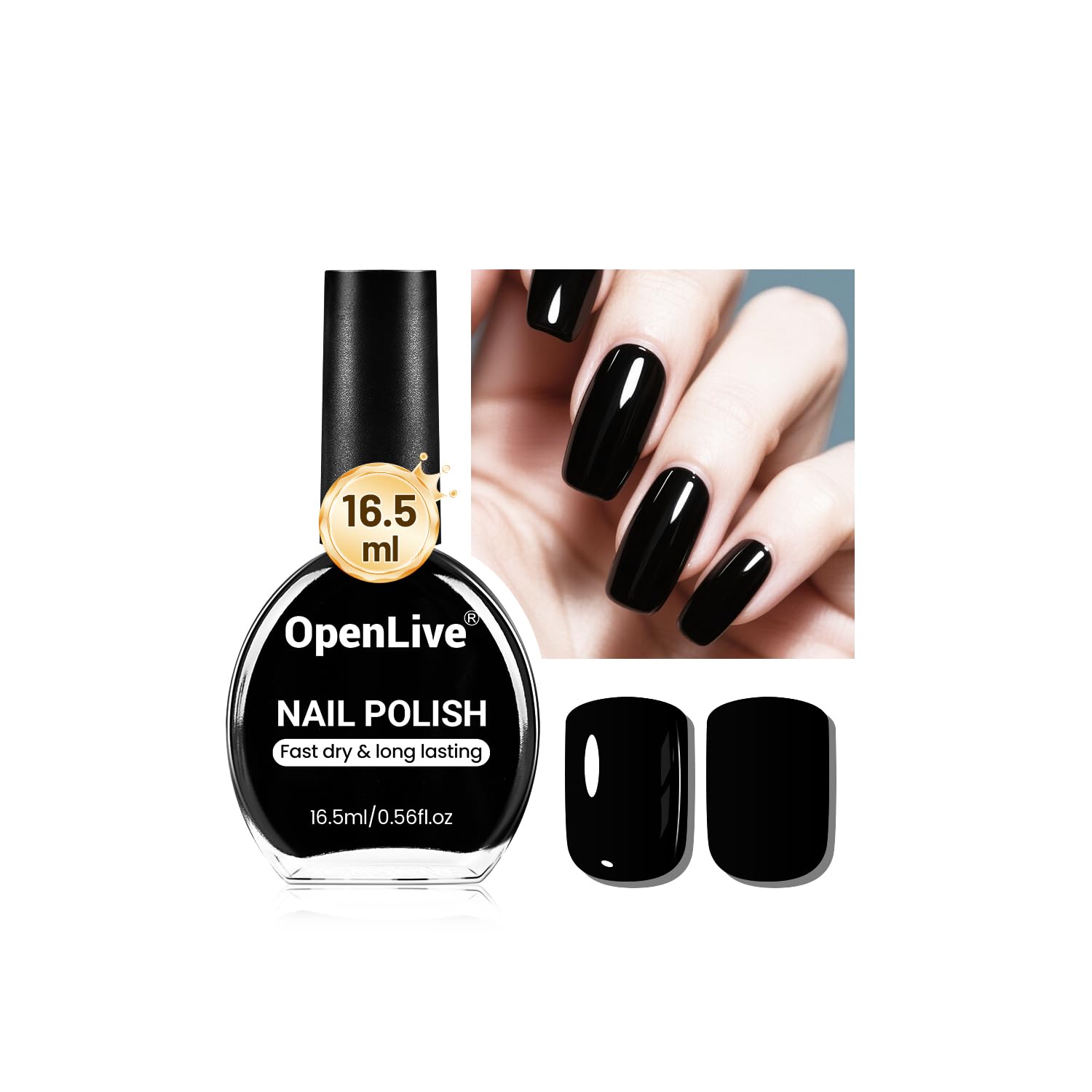 OpenLive esmalte negro, botella brillante para un look glamouroso y duradero.