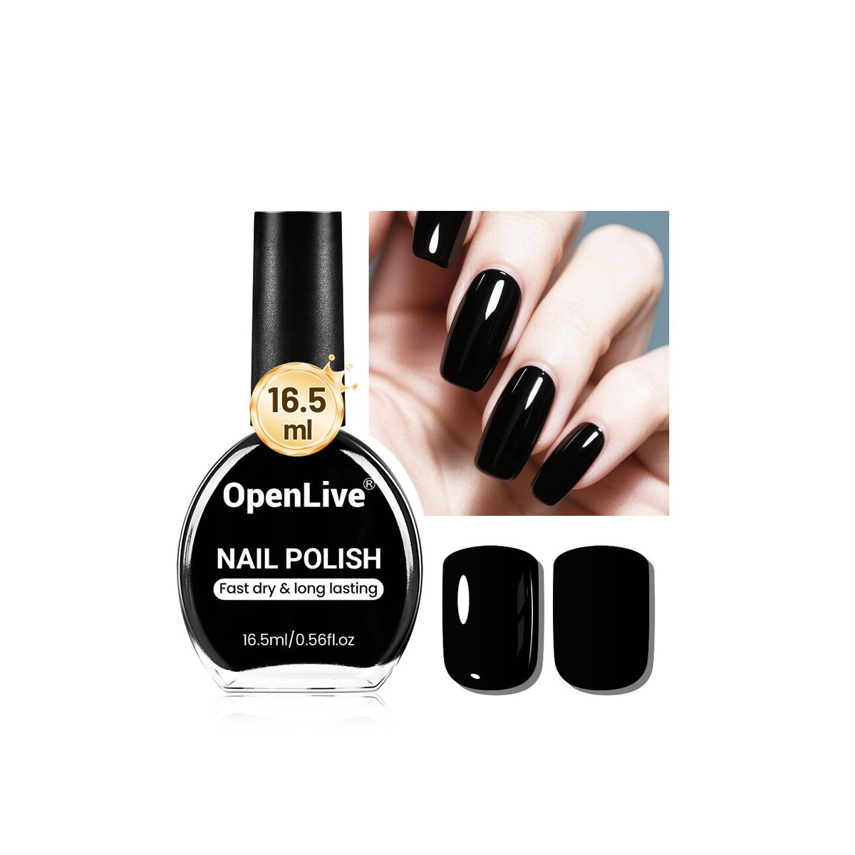 OpenLive esmalte negro, botella brillante para un look glamouroso y duradero.