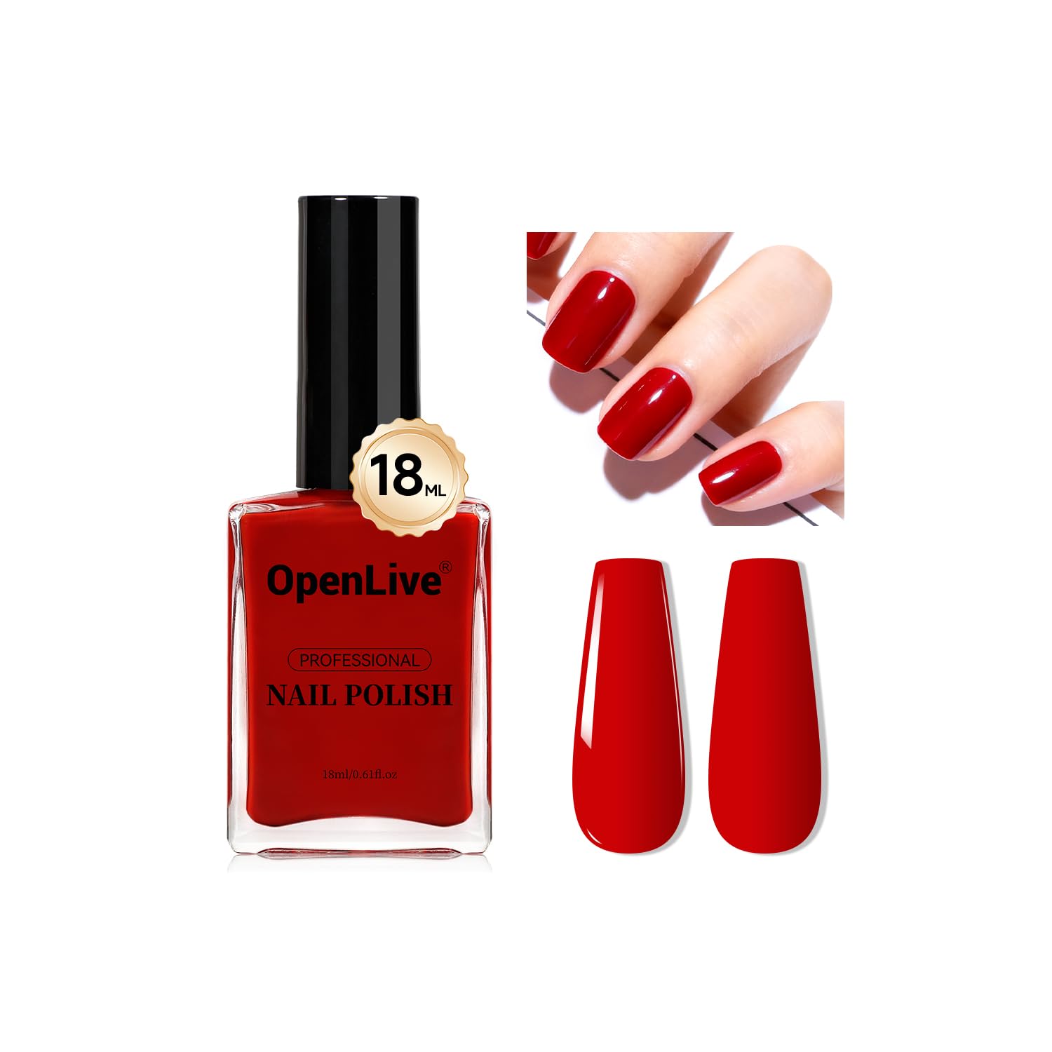 Esmalte OpenLive rojo 18 ml en botella frontal para un toque elegante.