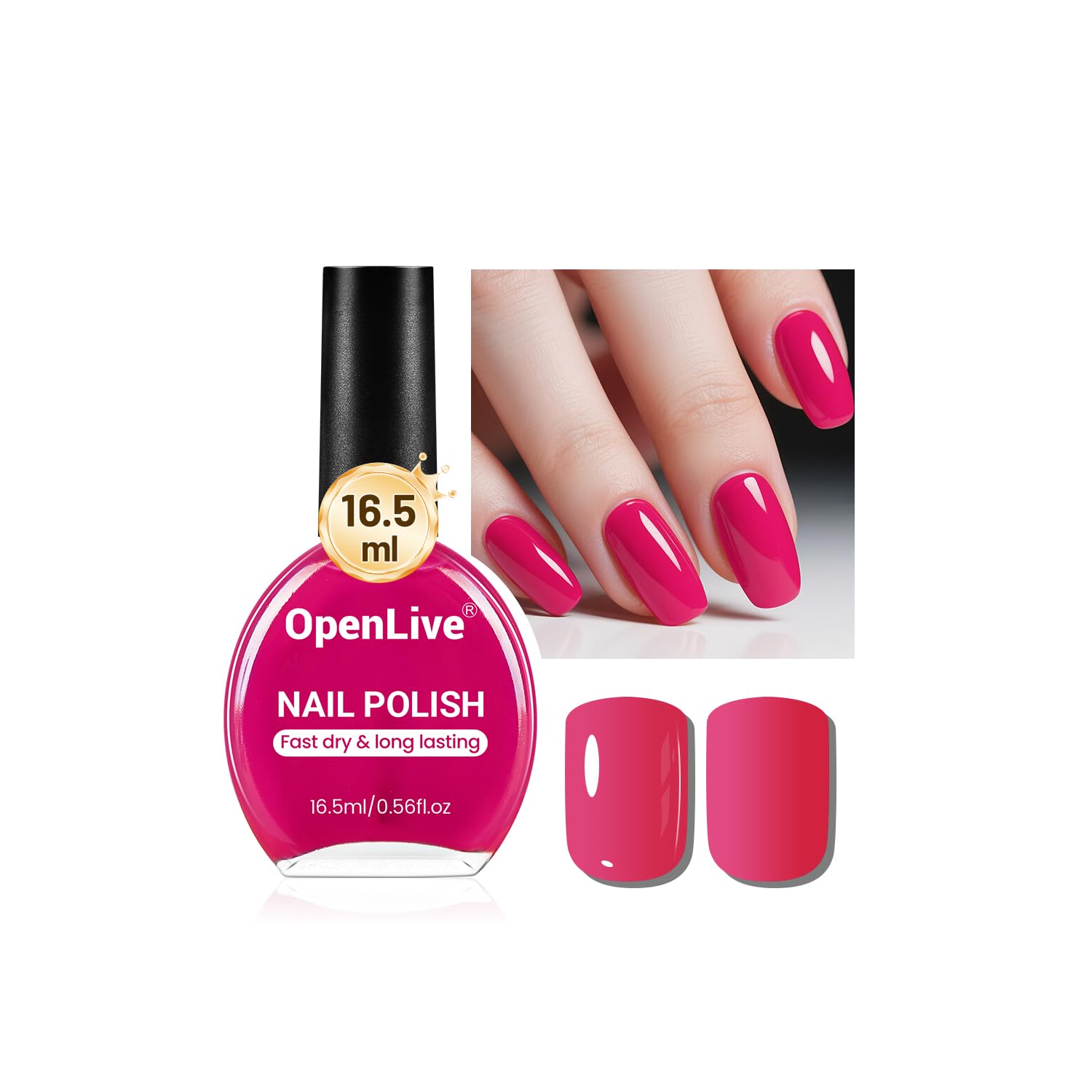 OpenLive esmalte rojo-rosado, primer plano de la botella para color vibrante.