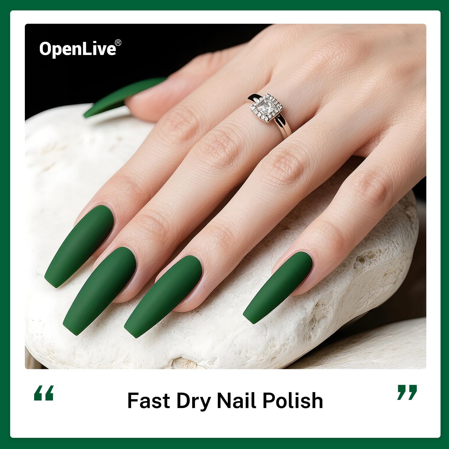 OpenLive Esmalte verde oscuro secado rápido para manicura eficiente.