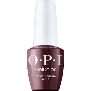 OPI GelColor Complimentary Wine en botella, tono burgundy intenso para uñas elegantes.