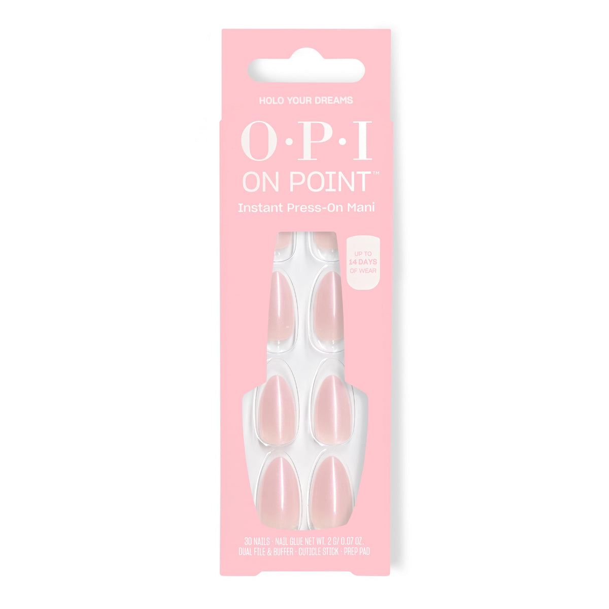 OPI On Point Holo Your Dreams: uñas cortas almendra rosadas con brillo holográfico para uso diario.