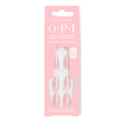 OPI On Point Holo Your Dreams: uñas cortas almendra rosadas con brillo holográfico para uso diario.