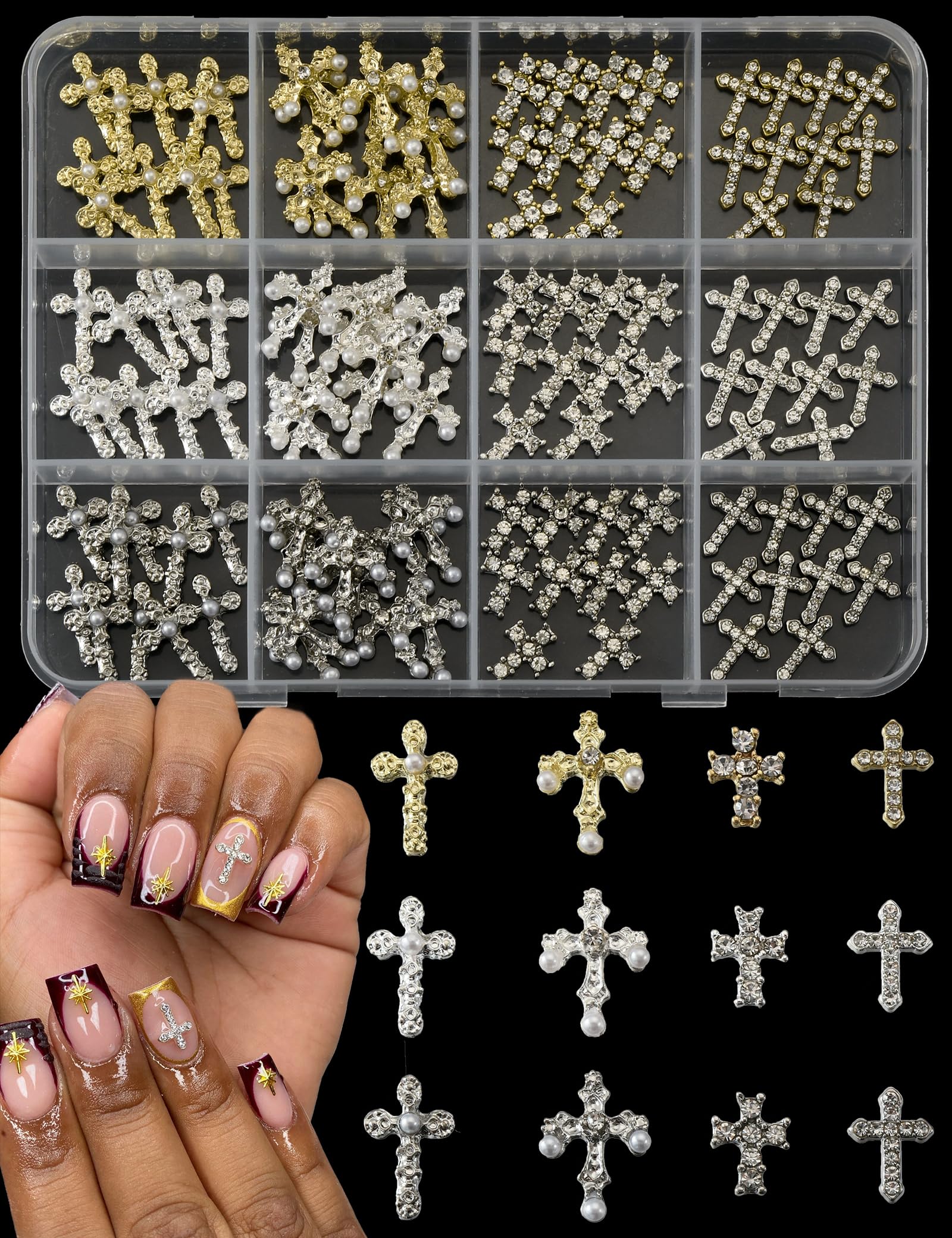 OPMADM Cruz 3D para uñas en blanco-oro, elegancia para manicuras.