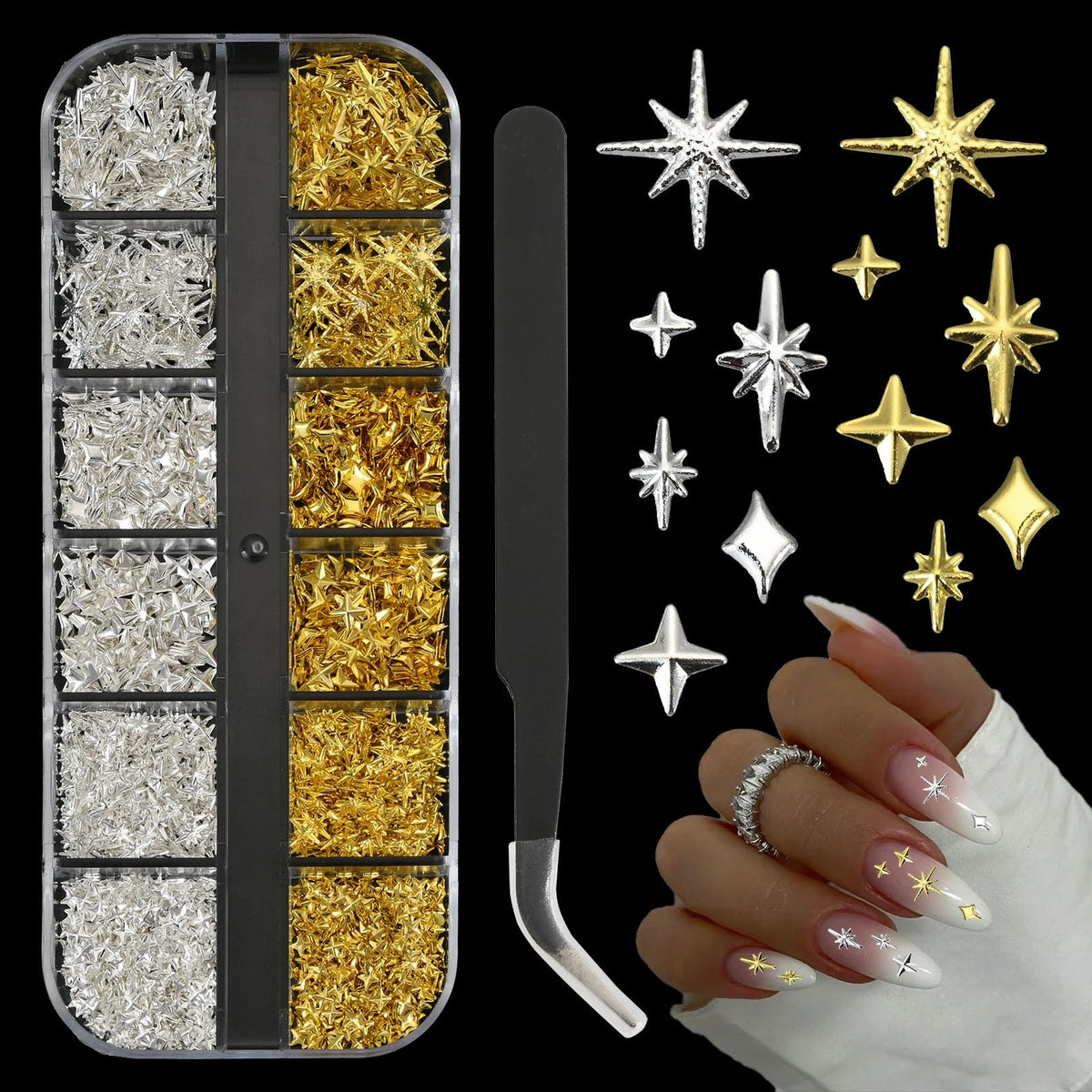 OPMADM estrellitas para uñas: brillo plateado y dorado para diseños deslumbrantes.