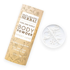 Ora's Amazing Herbal Sweet Love polvo corporal en botella, sensación suave y absorción ligera.