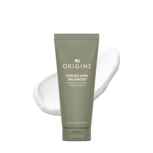 Origins Controles y Equilibrios exfoliante facial: botella, pulido suave para poros visiblemente reducidos.
