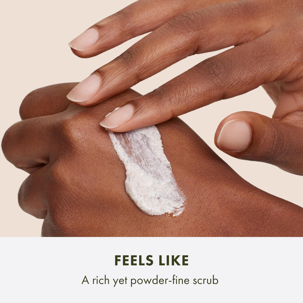Origins Peace of Mind exfoliante corporal con mezcla sensorial de menta, albahaca y eucalipto para relajación.