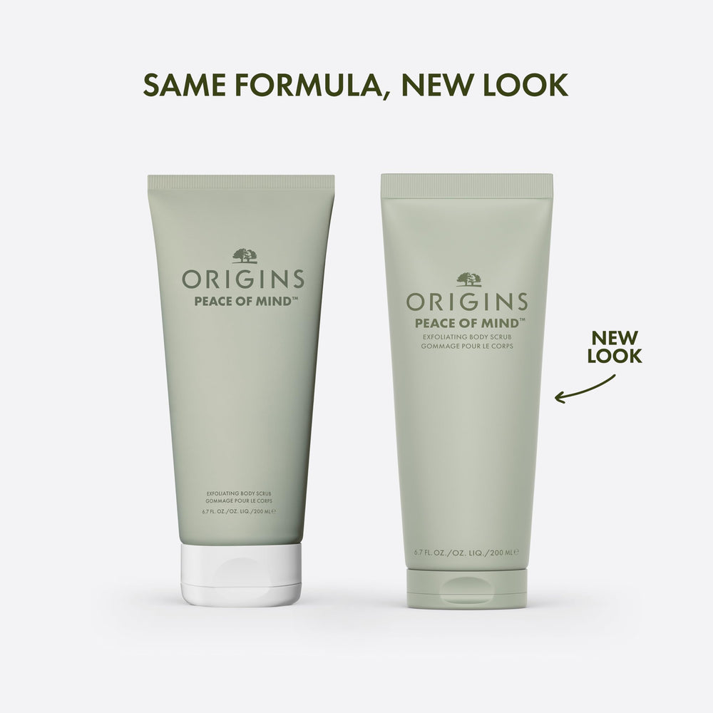 Origins Peace of Mind exfoliante corporal con polvo de cáscara de nuez para textura suave.