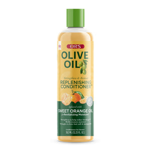 ORS acondicionador con aceite de oliva y naranja, botella visible para hidratación.