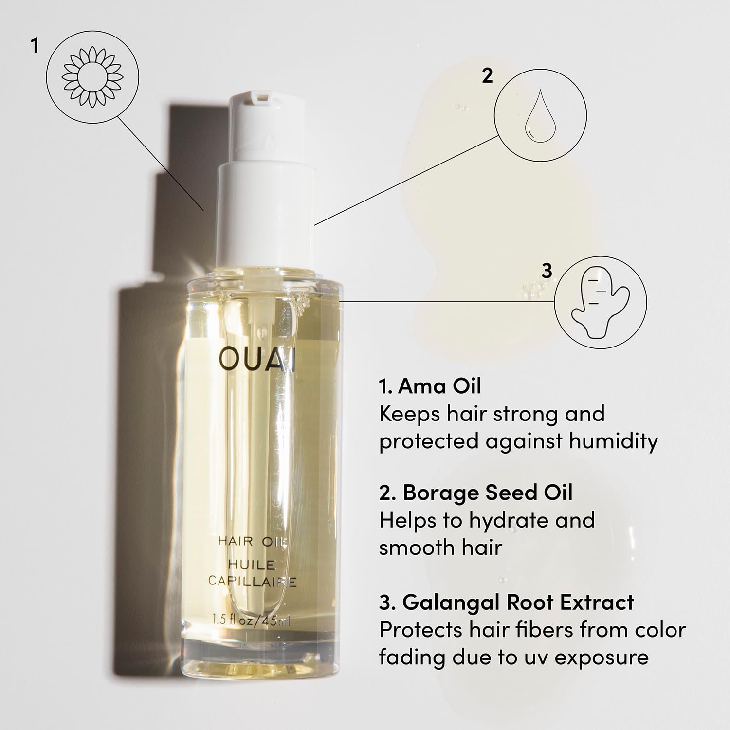 OUAI aceite para cabello ofrece brillo intenso y saludable.