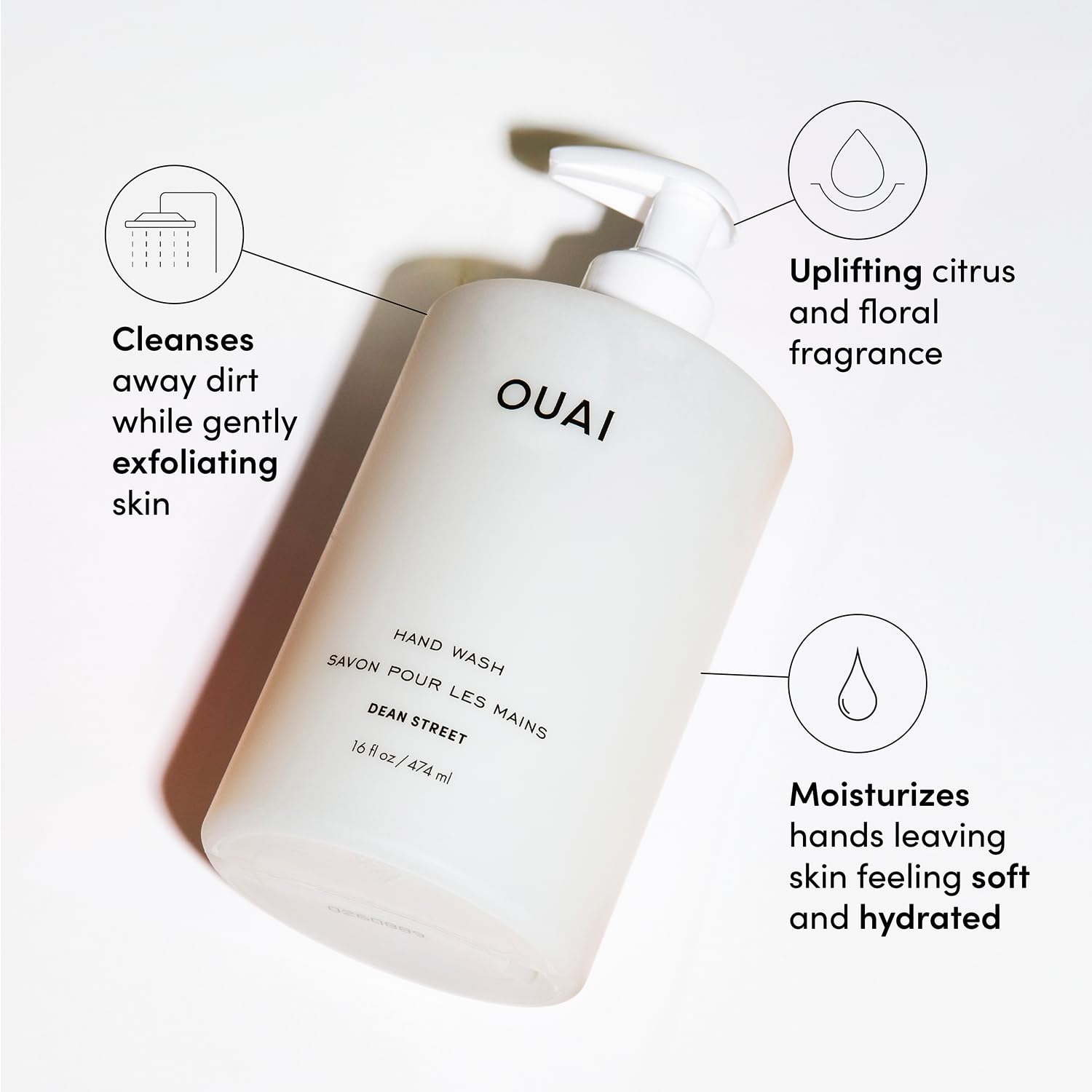 OUAI Jabón para manos Dean Street, dispensador, dosificación fácil para uso diario