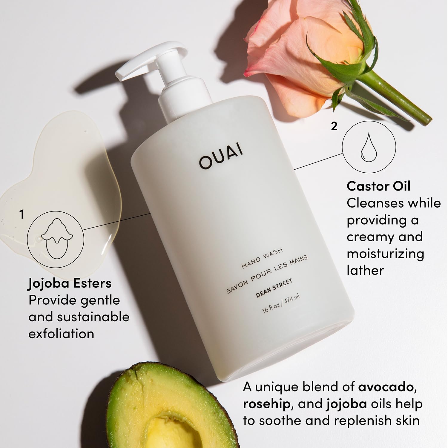 OUAI Jabón para manos Dean Street, ingredientes jojoba, aguacate y rosa mosqueta para hidratación