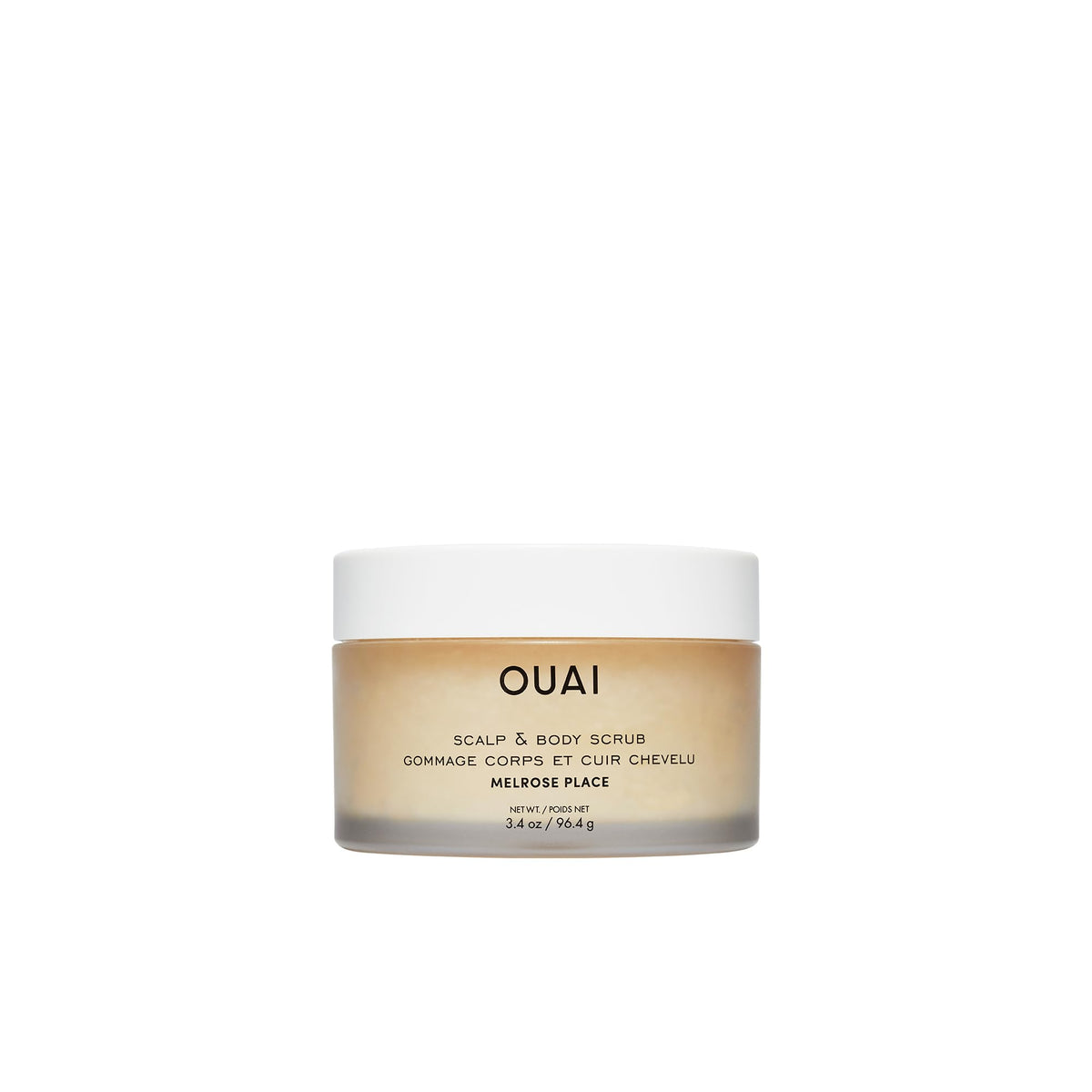 OUAI Melrose Place exfoliante para cabello y cuerpo, frente del envase, limpieza suave