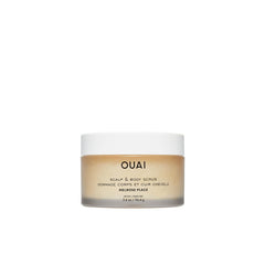 OUAI Melrose Place exfoliante para cabello y cuerpo, frente del envase, limpieza suave