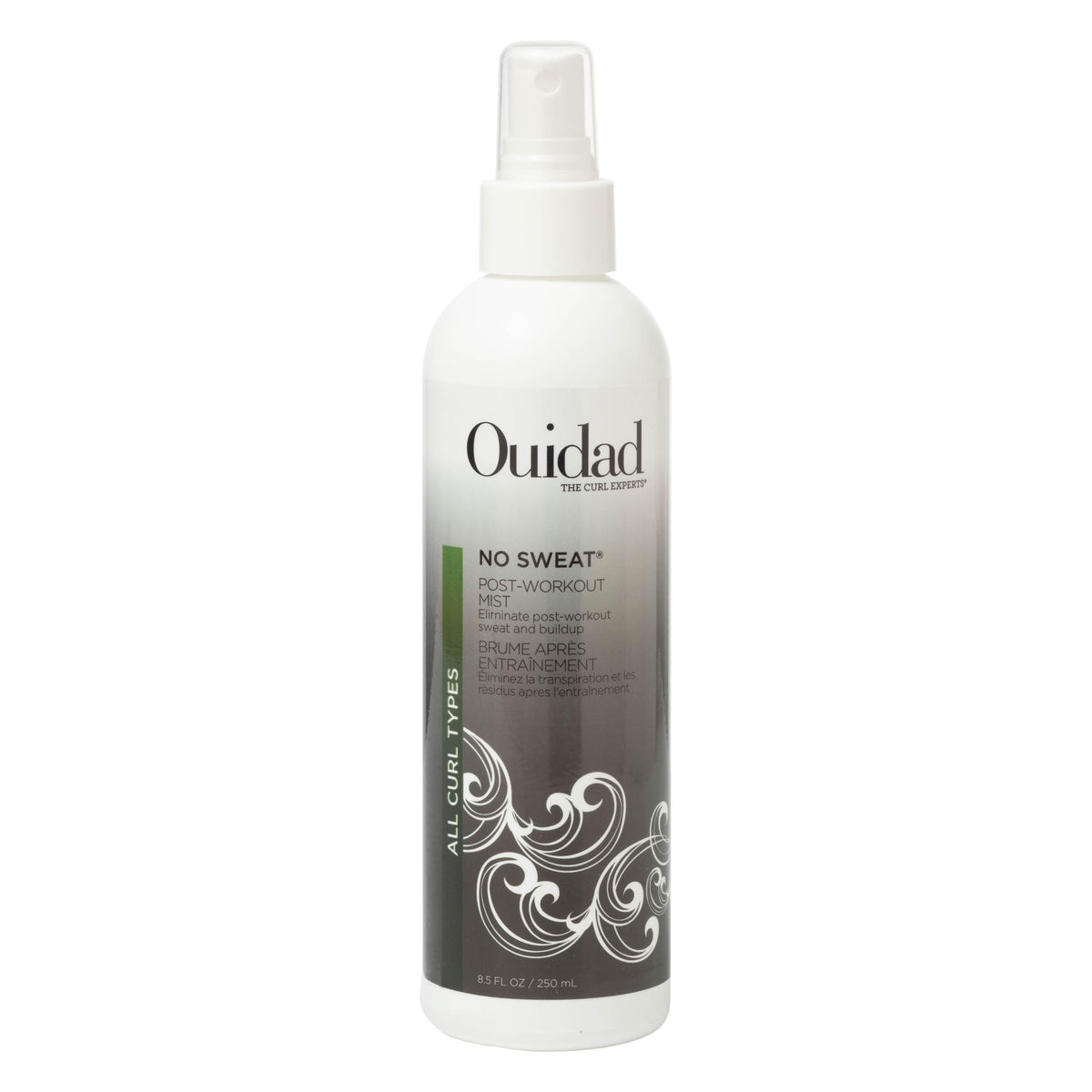 Ouidad bruma post-entrenamiento: botella visible y refrescante para rizos.