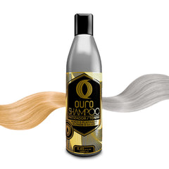 OURO Shampoo Tonificante: botella elegante para realzar brillo y neutralizar tonos indeseados.
